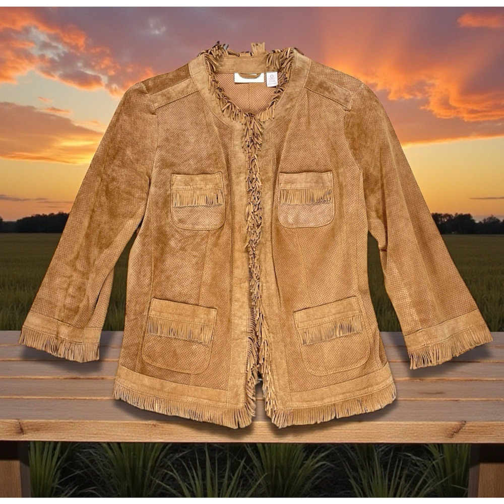 Chico’s Suede Leather Fringe Jacket/Blazer Sz 0 US S Western Cowgirl Saddle Tan